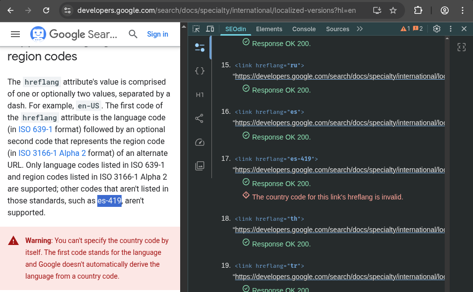 Google Developers mentioning that es-419 is not a valid hreflang code, with SEOdin Page Analyzer displaying that exact code being used on the site.